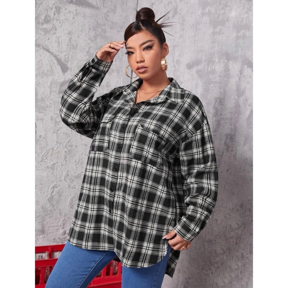 SHEIN Plus Tartan Flap Pocket Blouse